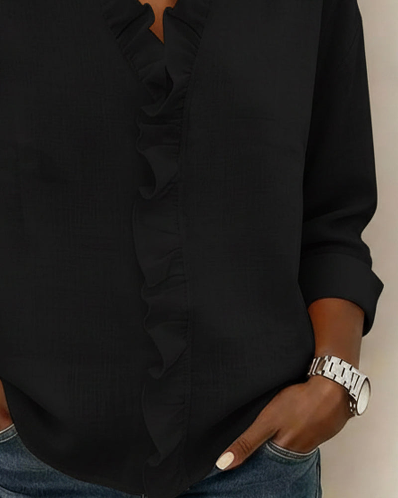 Raiza | Ruffled Blouse with V-Neck and Long Sleeves