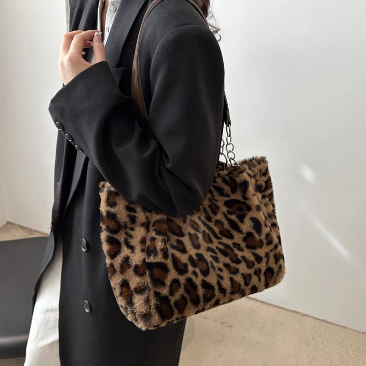 Olive | Faux Fur Tote Bag in Animal Print