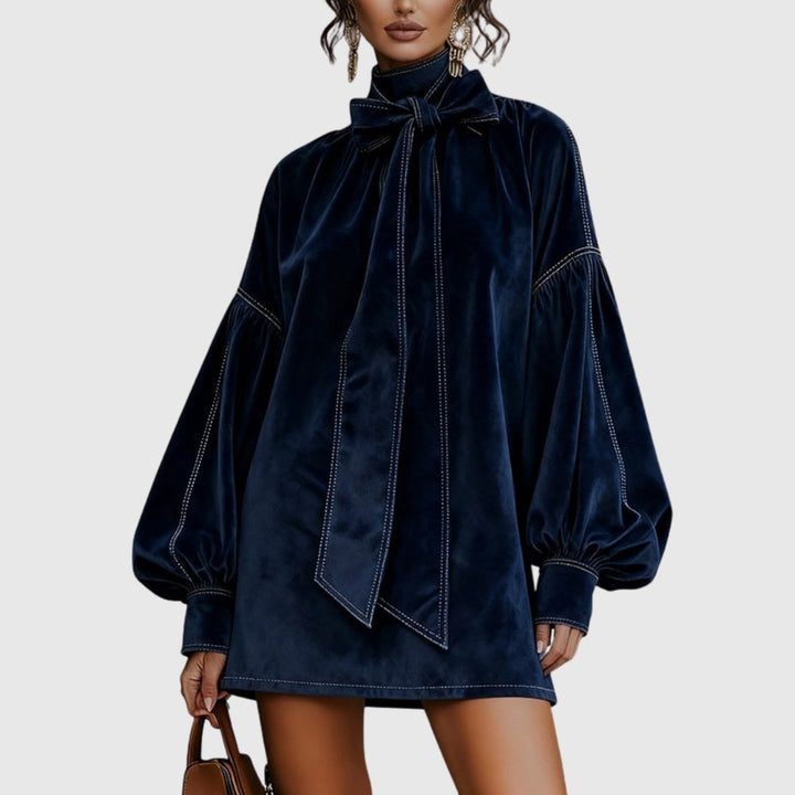 Desiree | Dark Blue Velvet Bow Dress
