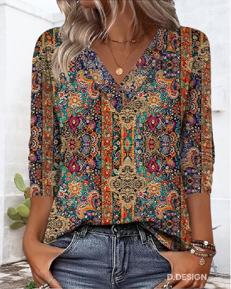 Elise | Retro Printed Blouse V-Neck