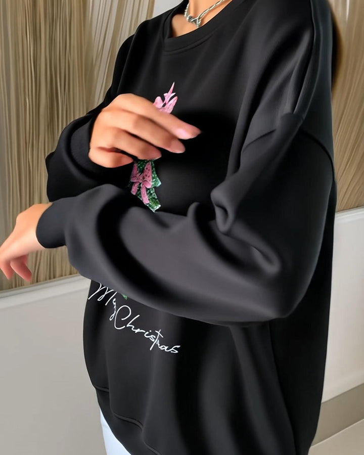 Merry | Round Neck Long Sleeve Christmas Print Sweatshirt